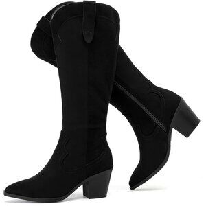 〽️Women's Black Knee High Slouchy Chunky Heel Pointed Toe Comfortable Boots